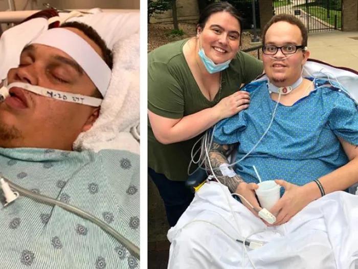 man in hospital bed and man with wife in wheelchair