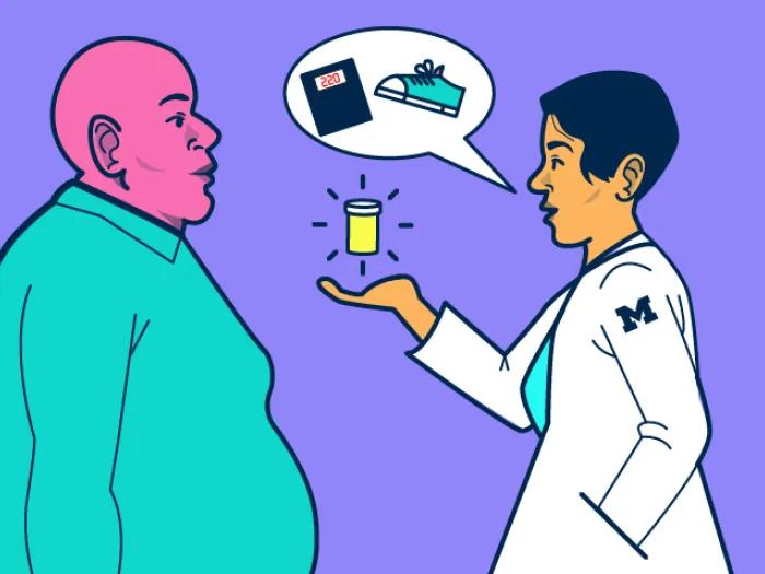 man teal shirt with doctor scale in talk bubble