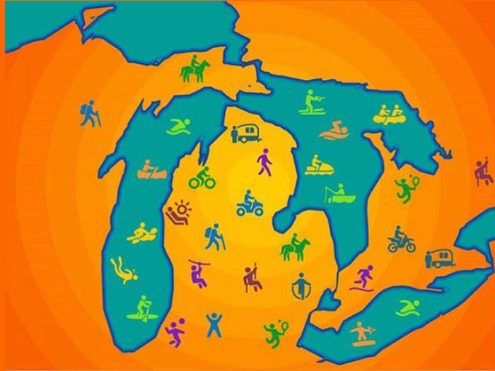 map of michigan in hot orange and state is in teal with little people figures doing different activities all over