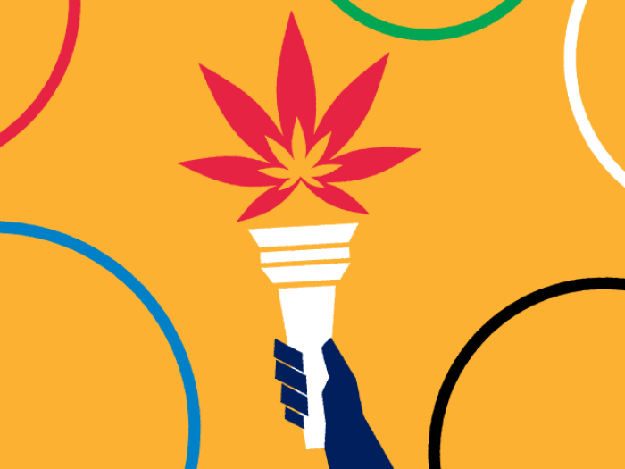 orange background with olympic torch being held by dark blue hand and circles around it