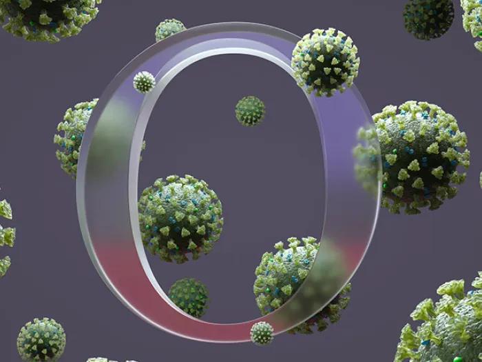 Omicron Green O-Virus, multicolor "O" in middle of virus particles on purple and grayish background
