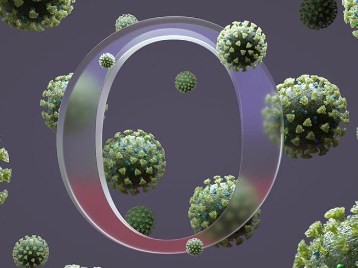 Omicron Green O-Virus, multicolor "O" in middle of virus particles on purple and grayish background
