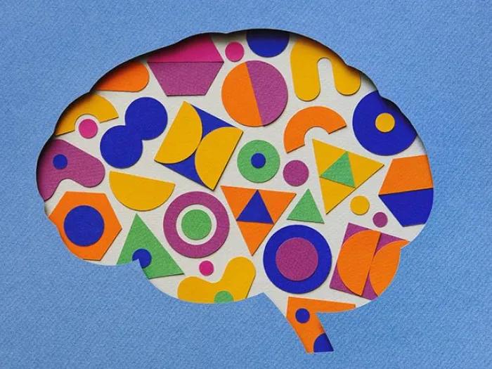brain geometric shapes colorful blue background