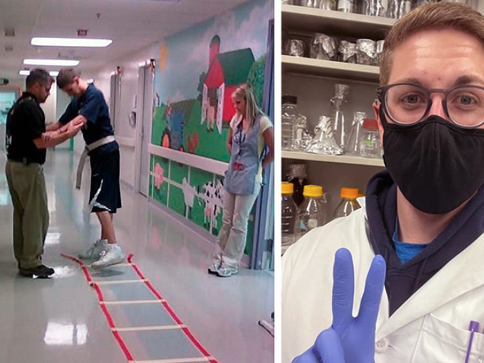 PT with patient climbing up ladder and selfie of brother with mask on with peace sign in lab