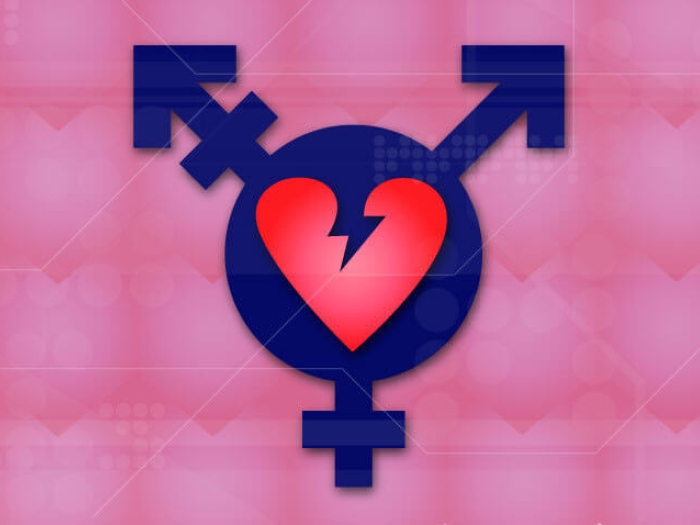 pink broken heart transgender symbol on pink patterned background