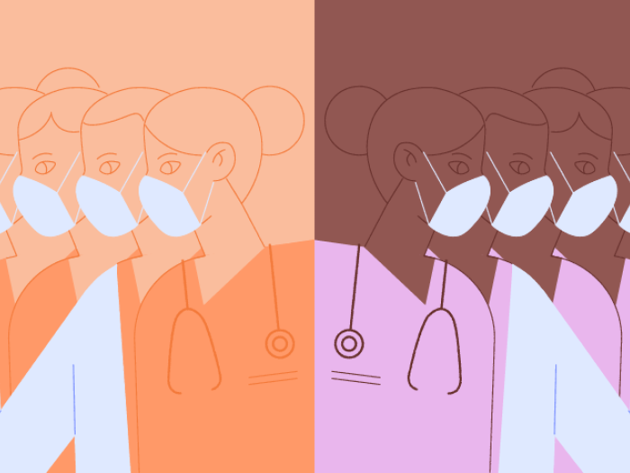 drawings of white doctors on one side in peach and white coats and then Black doctors on other side in pink and white coats. 
