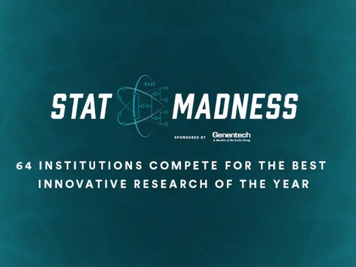 teal background saying Stat madness 65 institutions compete for the best innovative research of the year