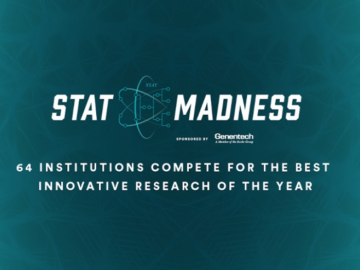 teal background saying Stat madness 65 institutions compete for the best innovative research of the year