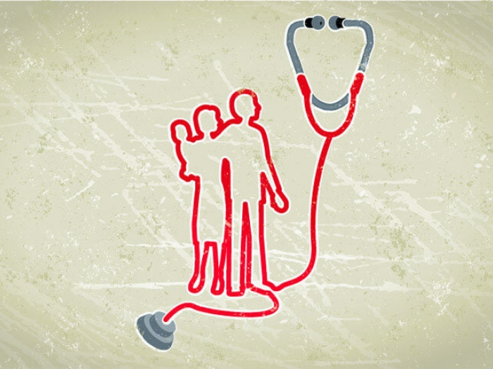 Stethoscope next to outline of family in red texture grit
