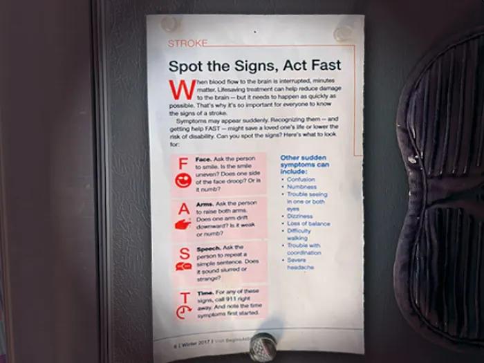 Stroke signs on paper flyer attached to fridge