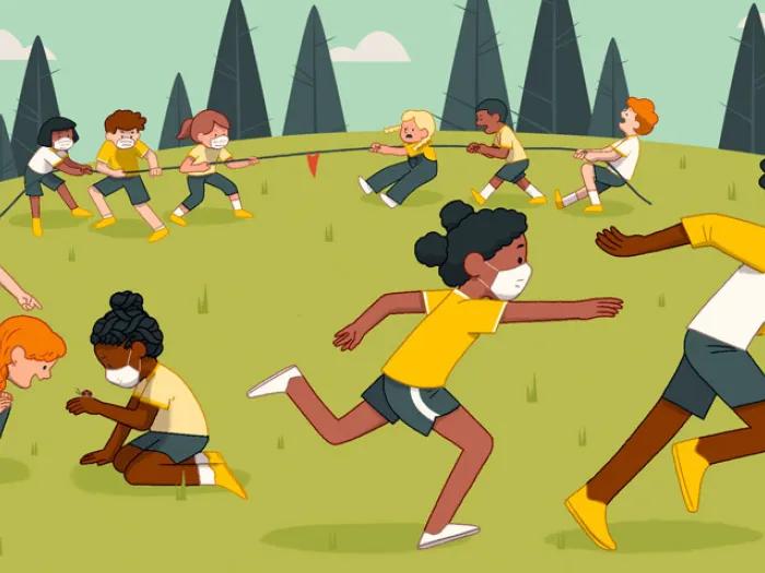 summer cam kids running outside some with masks on