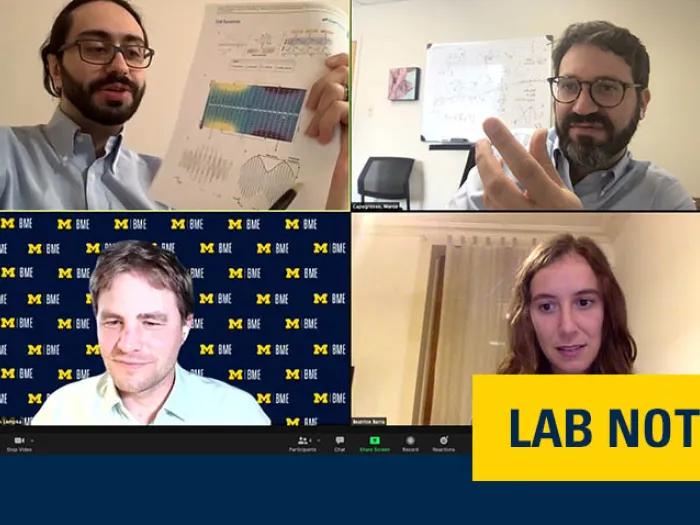 visual of four experts talking on a screen with the branding "lab note" on bottom right to indicate the section this story lives in on the blog