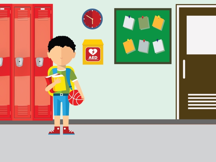 Illustration of student standing next to an automated external defibrillators (AED)