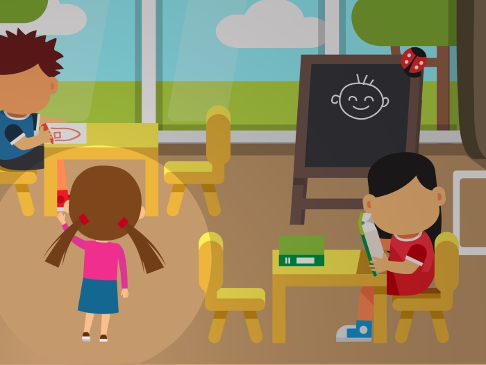 Graphic of three childen in a classroom