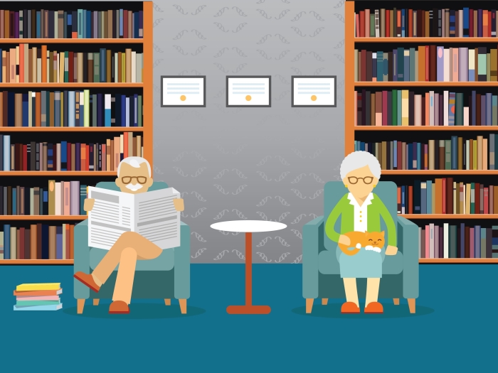 Graphic of elderly couple sitting in a library