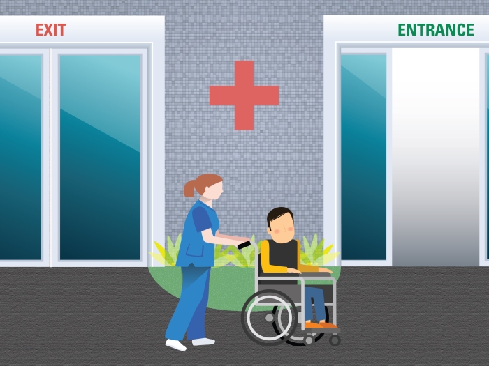 Illustration depicting a hospital patient being quickly readmitted to the same hospital.