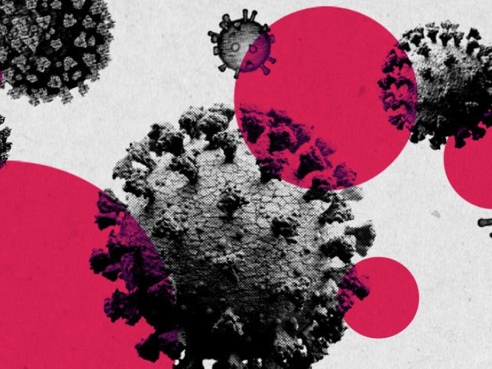 spiky coronavirus in grey/black and white floating around with pink circles floating with it 