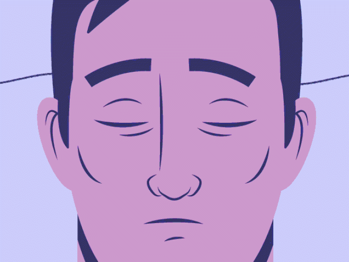 gif of close up face in light purple colors waking up with wavy line behind it