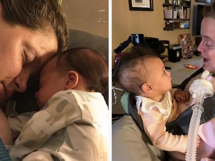 woman baby smiling sleeping trach