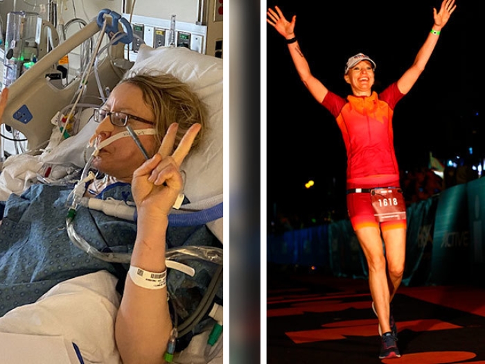 woman in icu on left and running marathon on right with hands up high in joy wearing red