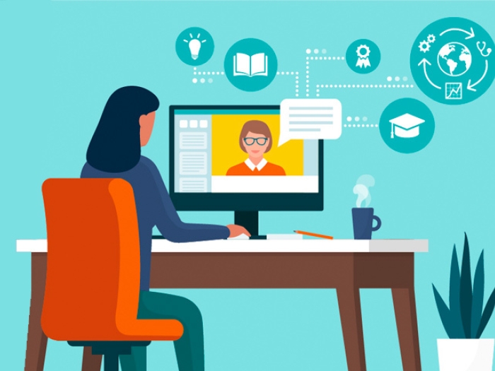 graphic of woman sitting at computer with professor on screen and bubbles floating around about science and health
