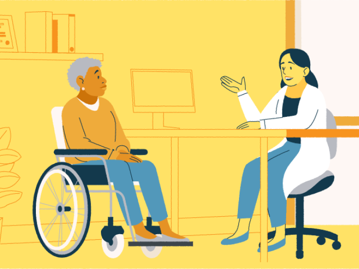 woman wheelchair doctor office therapy