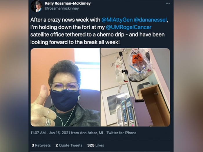 woman giving a thumbs up in a tweet with photo on right of her chemo IV drip