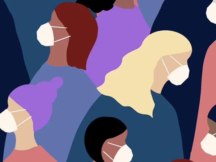 graphic of women walking around with masks on of different backgrounds