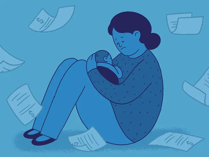 Mom sitting on floor holding baby with a frown, paper bills floating around blue background