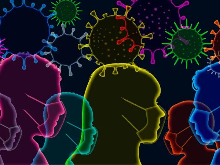 black background with outlines of people's faces with masks in neon pink yellow and blue
