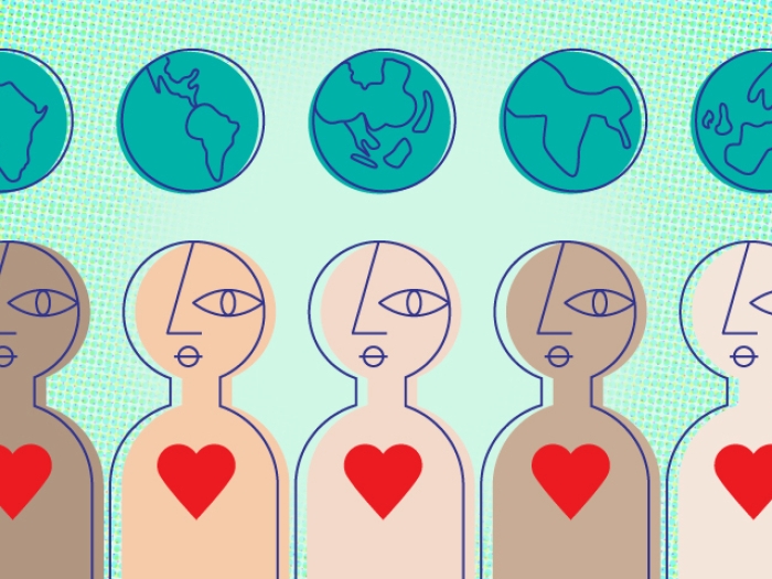 diverse people drawn in a line with hearts inside and world globe above their heads with pale green backround
