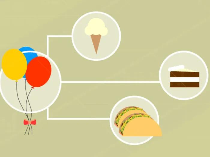 balloons, ice cream, cake and tacos in white circles and connected by white lines