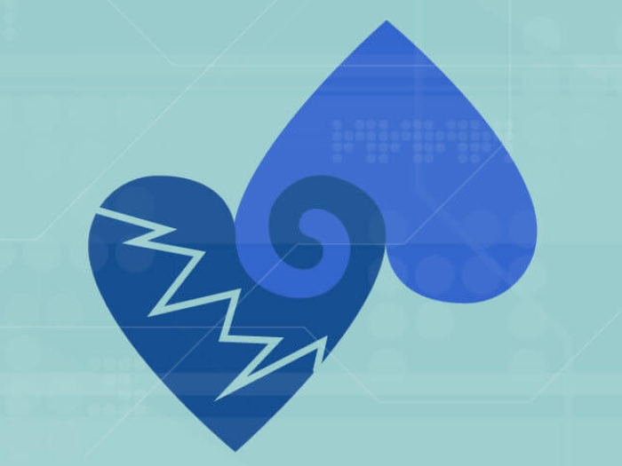 Blue hearts connected from top on light blue background