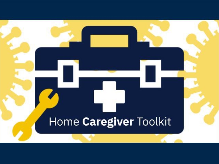 navy blue toolkit with yellow wrench and words homecare giver toolkit and yellow covid cells floating in background