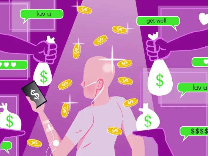 Person standing with bag of coins floating, purple background