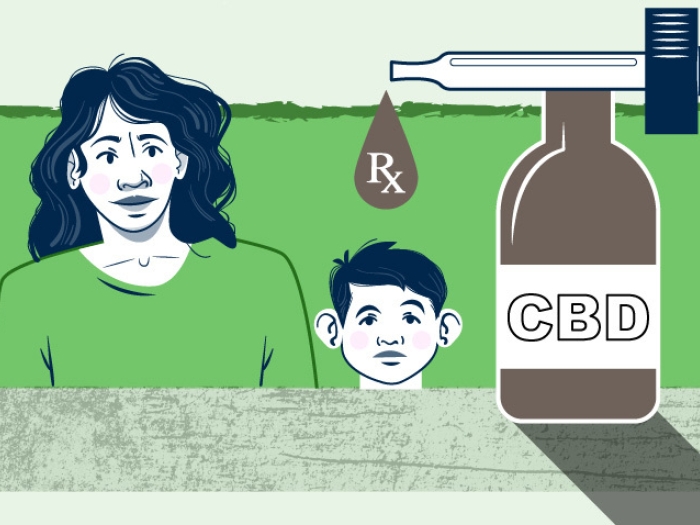 cbd bottle with mom and child in green and white