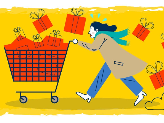 women pushing shopping cart with gifts falling out in yellow and red