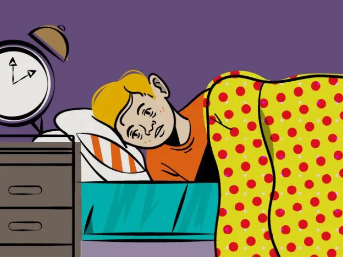 Child tired purple skin color in bed covered with yellow blanket. 