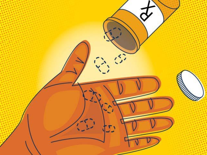 yellow background with hand in orange with invisible pills falling out of pill bottle