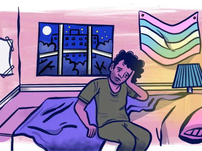Tired person sitting on bed tilting and holding head, droopy eyes