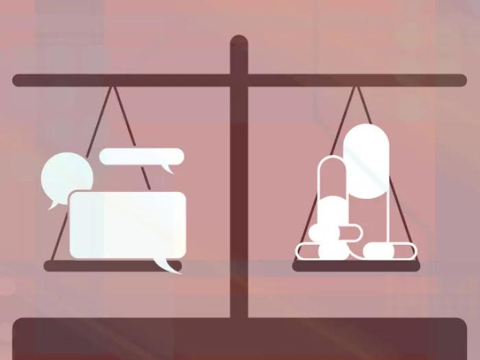 Balanced scales representing the value of drugs and talk therapy to depression patients