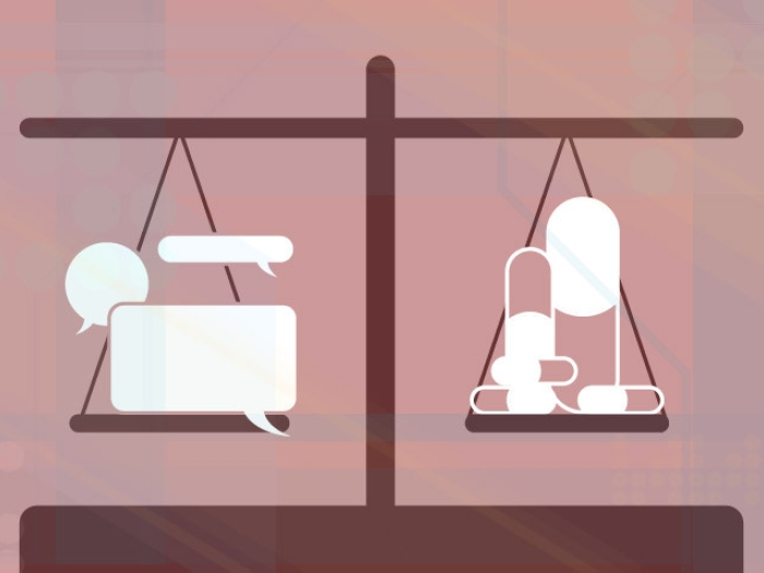 Balanced scales representing the value of drugs and talk therapy to depression patients