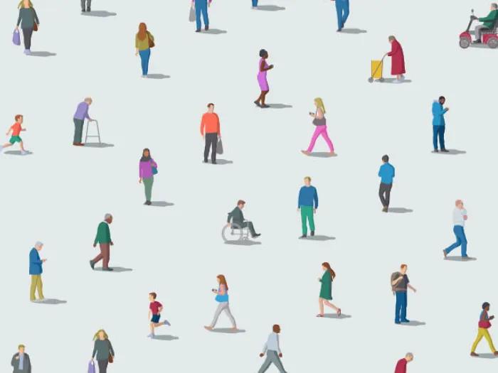 different people moving around with different modes of transportation
