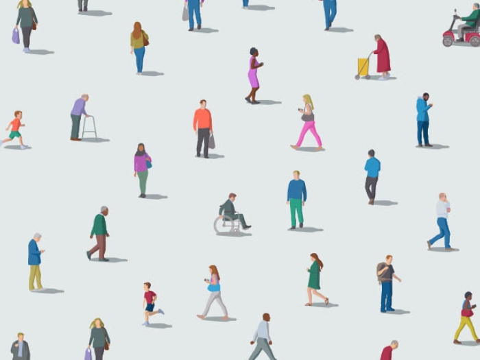 different people moving around with different modes of transportation