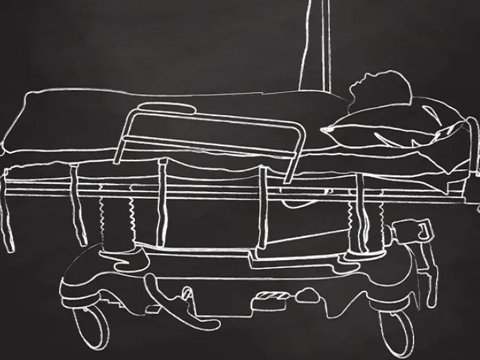 drawing of person on black background in white ink laying on a hospital bed 