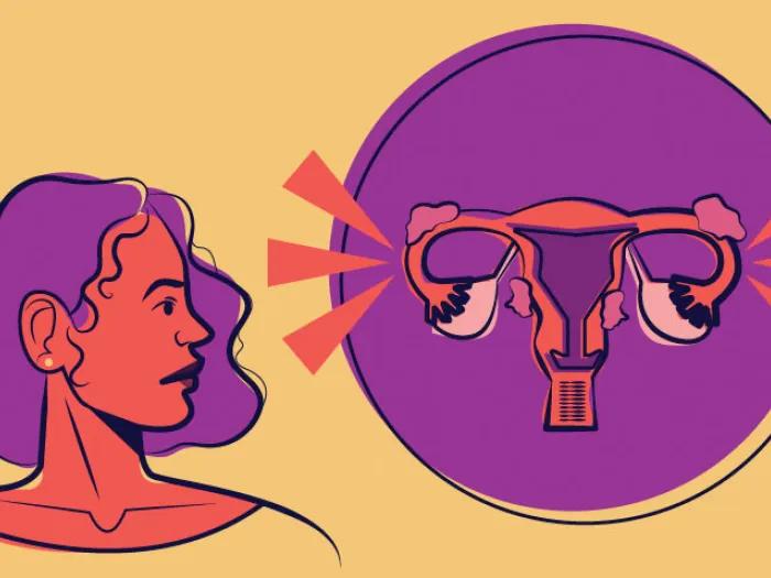 Women with purple hair looking at image of uterus