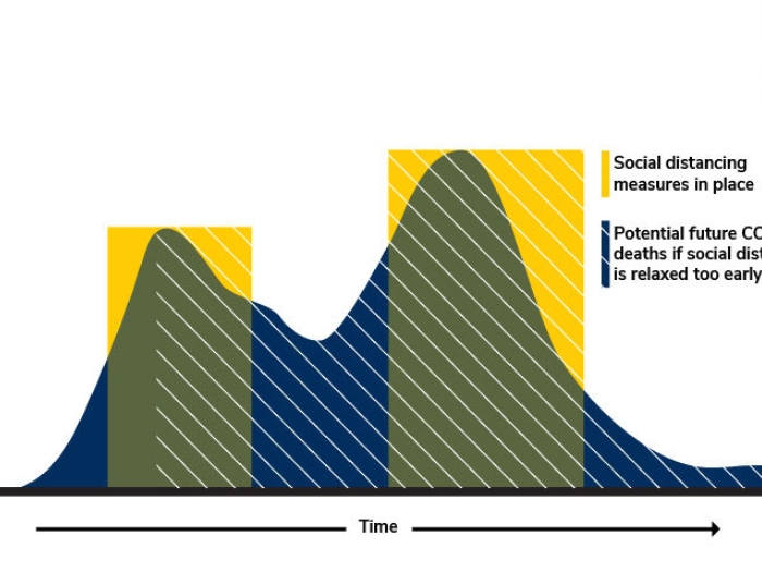 blue and yellow graph on social distancing showing what happened in 1918 and 1919.