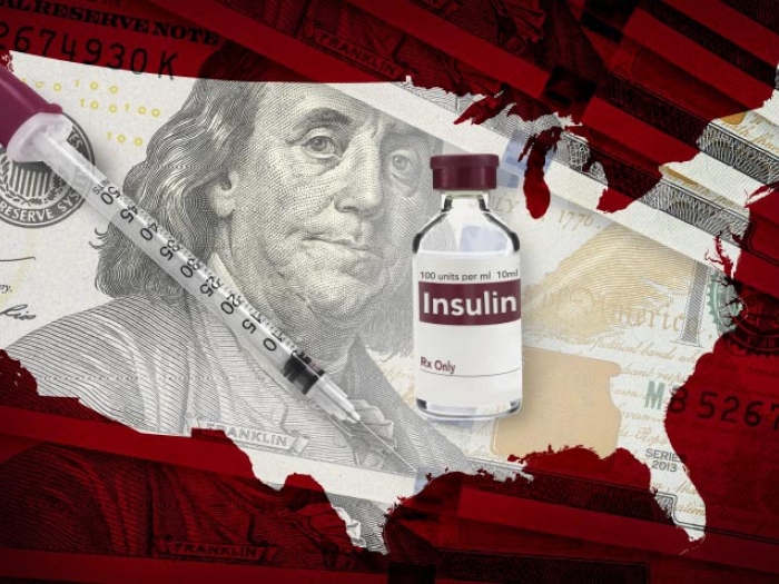 state of US with picture of president and insulin bottle and needle in it