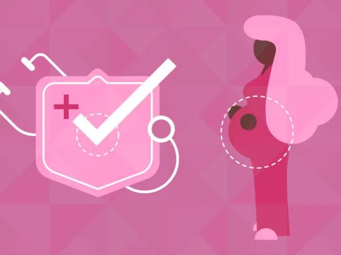 Pregnant women in pink with medical symbol and check mark next to her