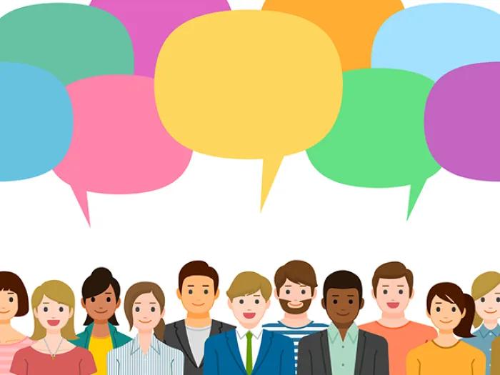 Graphic of a variety of people with speech bubbles above.